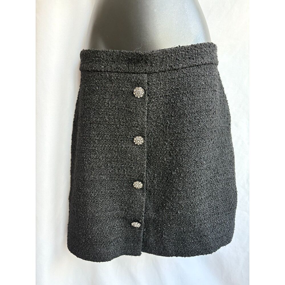 H&M NWT Black Tweed Skirt Size 8 A Line Mini Rhinestone Buttons Old Money
